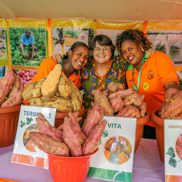 Three women stand in front of table with sweet potatoes