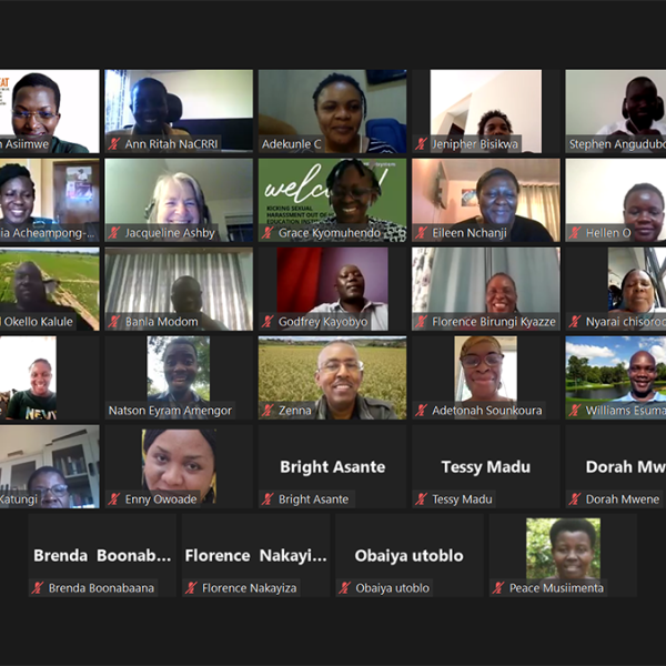 Dozens of faces appear on a Zoom video call screen