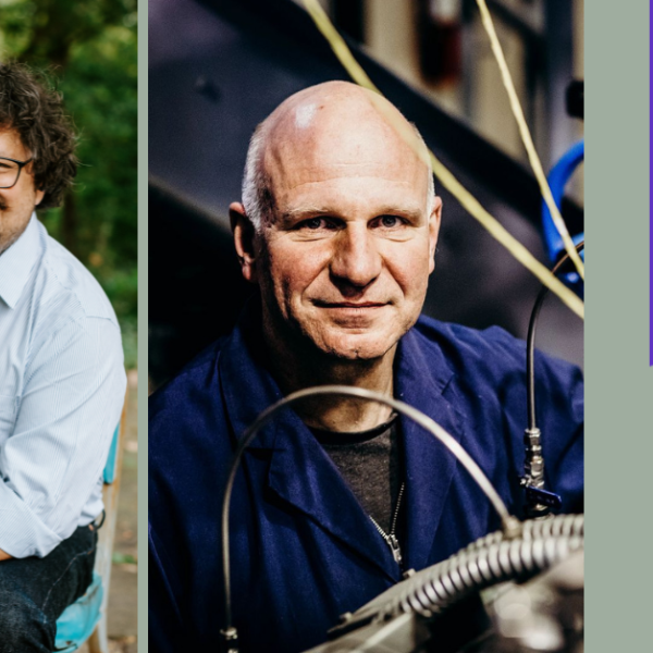 Composite image of two men including purple ribbon with text highly cited research 2021 Clarivate 