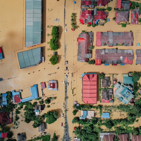 Flooded small village with residential houses