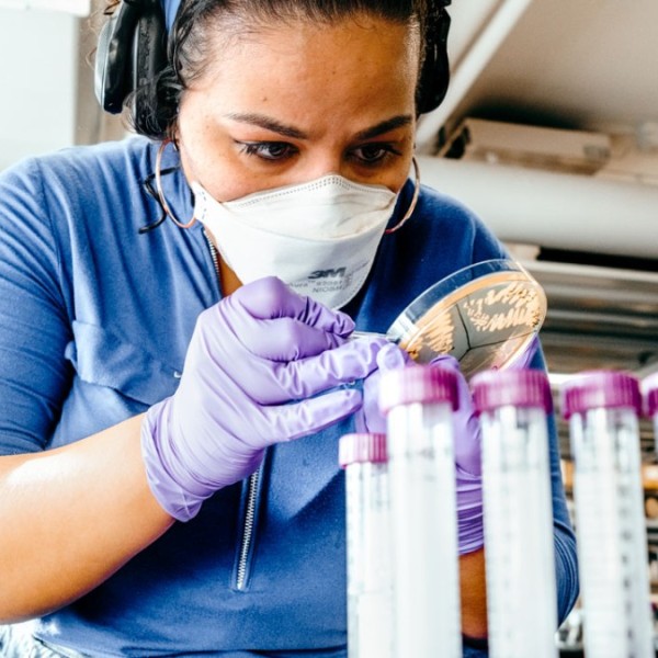 A student working in the lab holding a petri dish