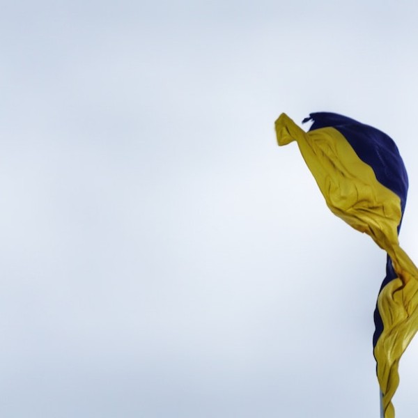 Ukraine flag flying in the air