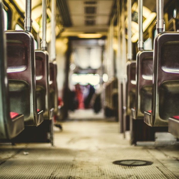 A ground view of the interior of a bus