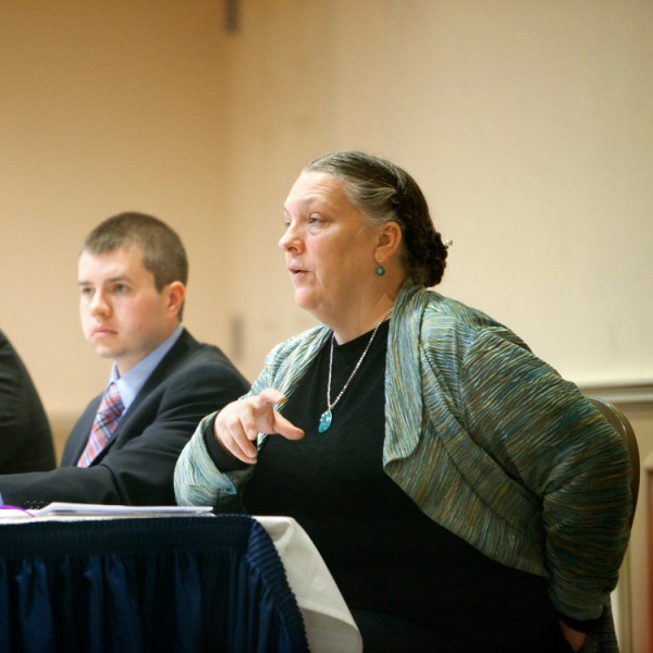 Three individuals speak at panel