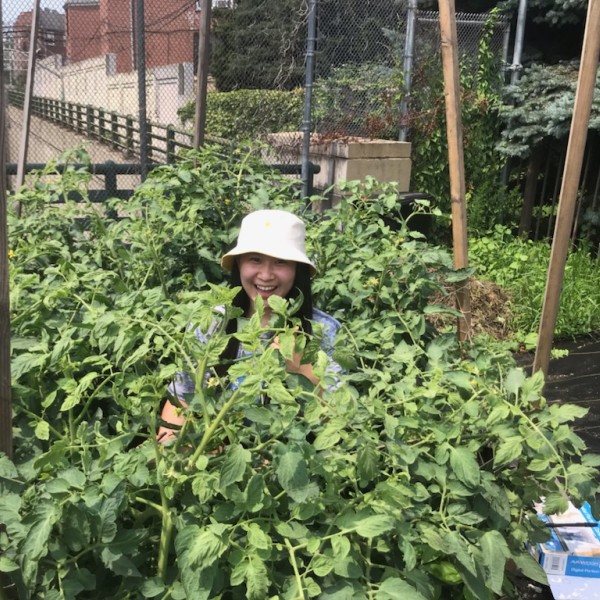 Girl works in garden