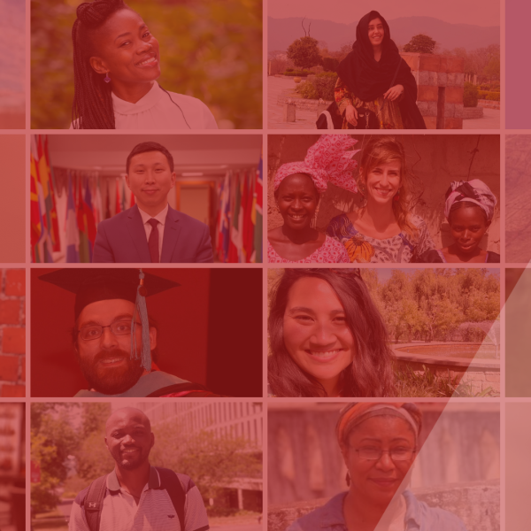 Collage of 16 headshots with red overlay and delta graphic