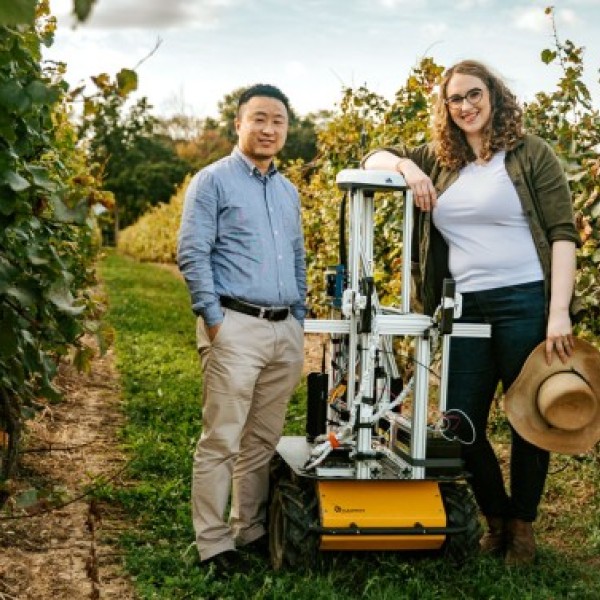 A man and a woman standing in the middle of field with a robot between them.