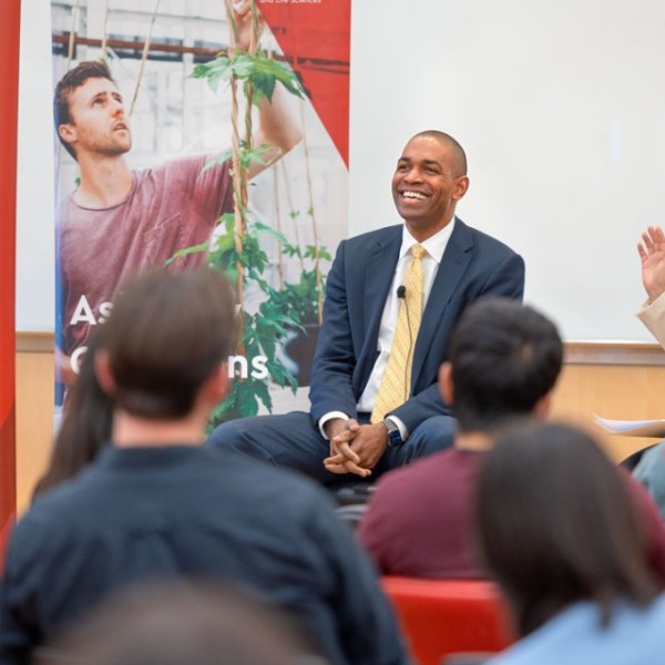 New York Lt. Gov. Antonio Delgado answers questions and offers life advice in a session for students moderated by Julie Suarez, associate dean for land-grant affairs, right.
