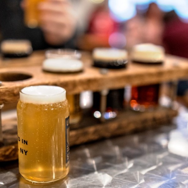 a flight of beer at local Ithaca brewery, Liquid State 