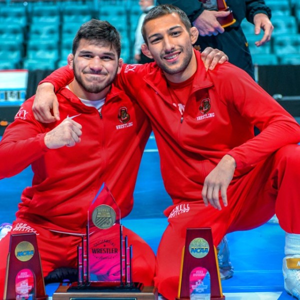 Yianni Diakomihalis ’23, left, and Vito Arujau ’24 both won national titles in their respective weight classes on March 18 at the NCAA Division I Wrestling Championships.