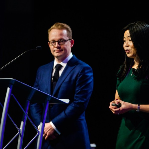 Sweet Pea Plant Based Kitchen co-founder Ryan Jennings and vice president of nutrition Jen Nguyen pitch their startup at the 2022 Grow-NY Food and Ag Summit. 