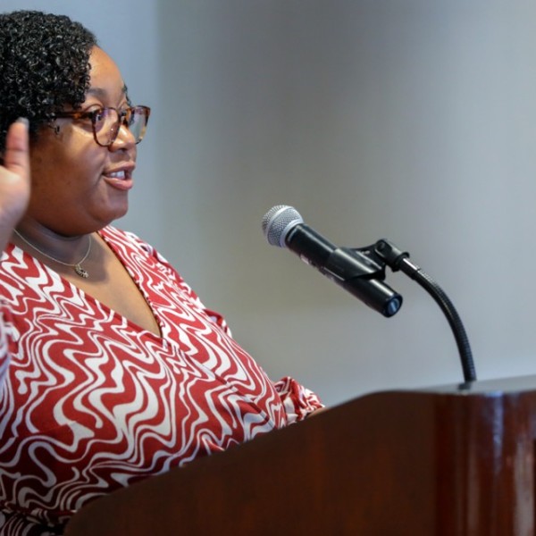 Misha Inniss-Thompson ’16, assistant research professor of psychology, gave the keynote address at the Office of Academic Diversity Initiatives’ annual Honors Award Ceremony on May 5 in the Statler Hotel.