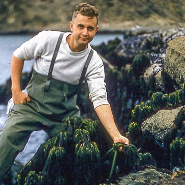 John Kingsbury standing outside in front of a body of water handling seaweed  