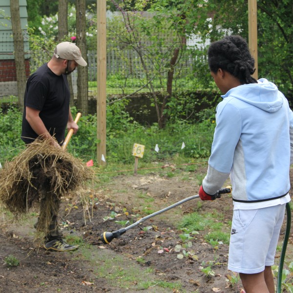 People work on an urban farm