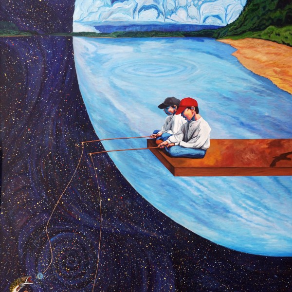 Artwork showing two boys fishing on the moon