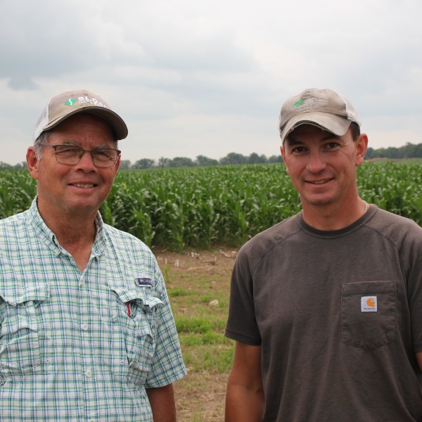 Two people standing in corn field.