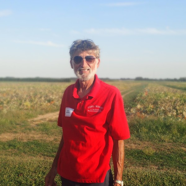 Rod Zeltmann standing in front of a field of pumpkins