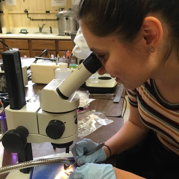 student looking through microscope