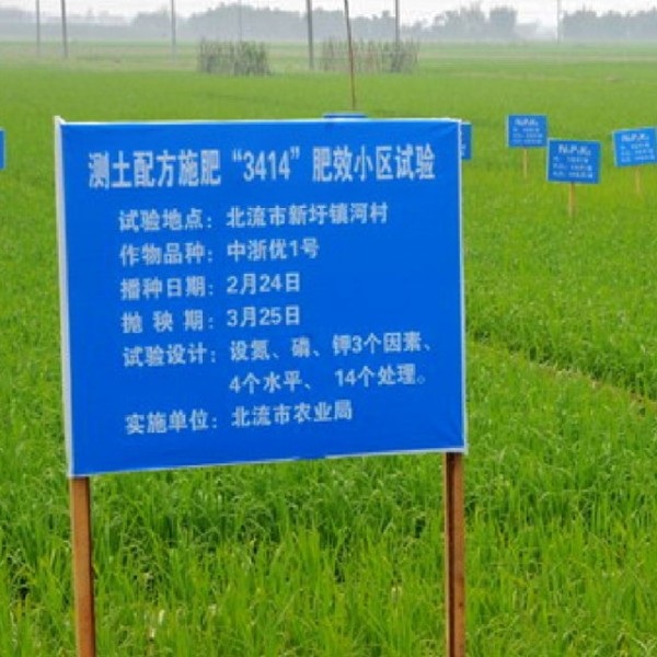 Many signs in Chinese scattered in a field. 