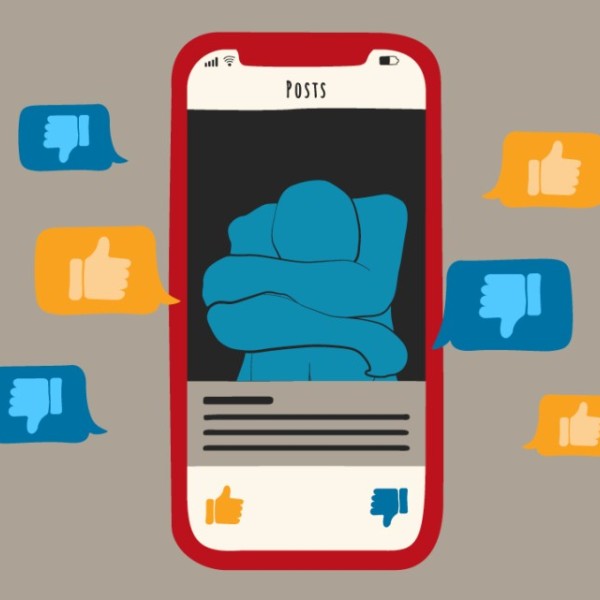 illustration of a cell phone with a person displayed on the screen and their head down