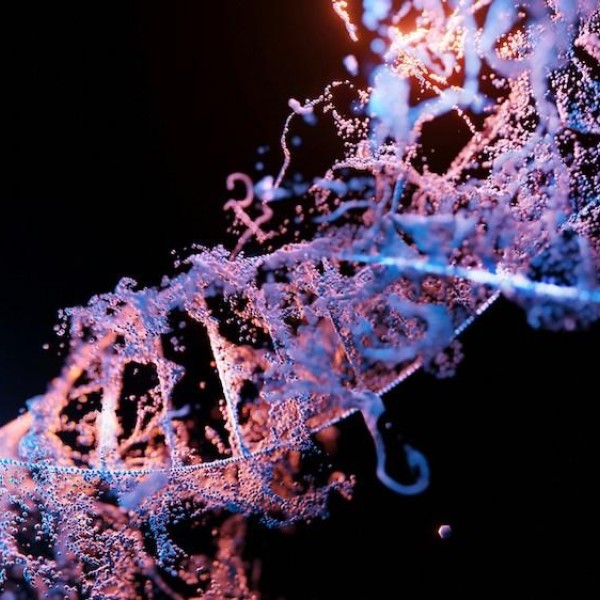 Illustration of a DNA double helix in blue and purple dots