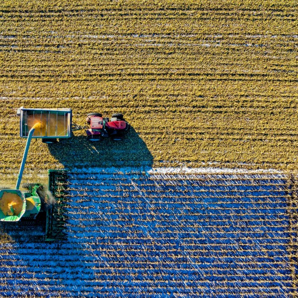 Aerial view of farm and tractor