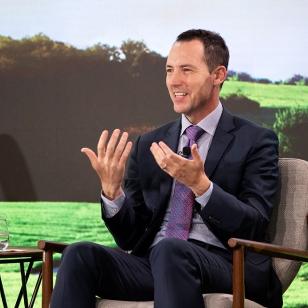 Benjamin Z. Houlton, the Ronald P. Lynch Dean of the College of Agriculture and Life Sciences, shares his insight on climate-beneficial technology during a panel at the 2023 Grow-NY Summit in Binghamton.