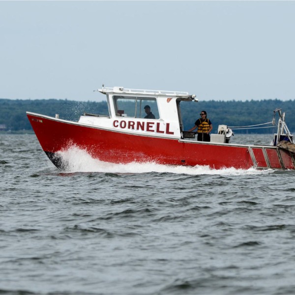 A Cornell research vessel departs the Cornell Biological Field Station, which sits on Oneida Lake at Shackleton Point, N.Y. 