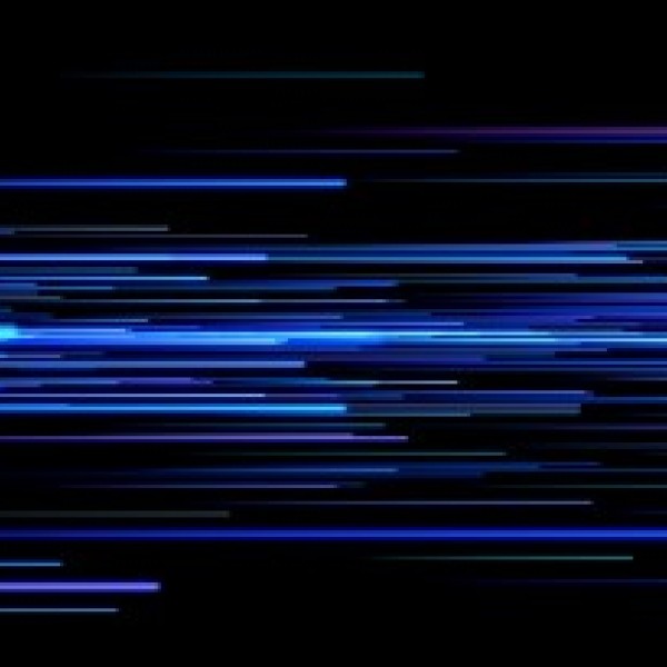Blue lines streak across a black background