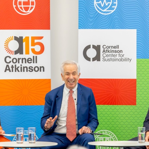 Anne Thompson of NBC News, Fred Krupp, president of Environmental Defense Fund, and David Lodge, the Francis J. DiSalvo Director of the Cornell Atkinson Center for Sustainability"