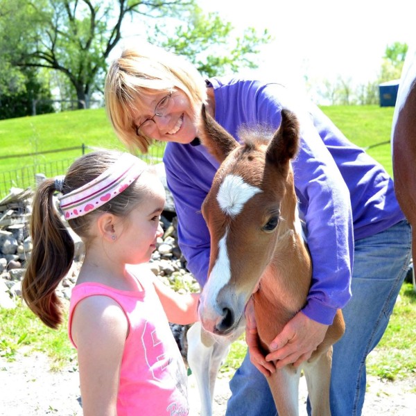 Lady holding a horse and smiling