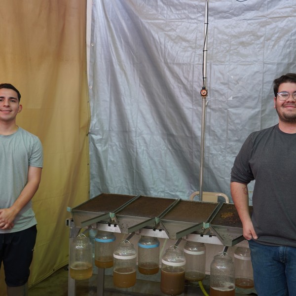 Two men stand on either side of a rainfall simulator in a lab.
