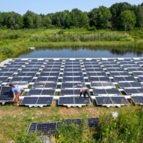Solar panels floating on a pond