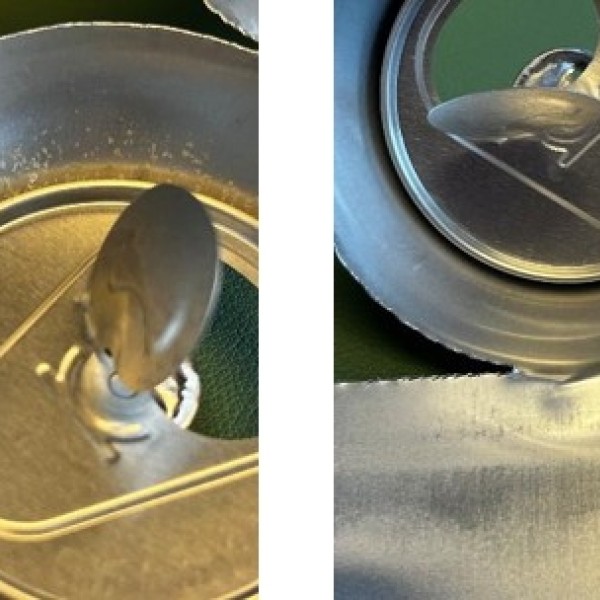 tops of the interior of 2 cans, showing different colors & textures