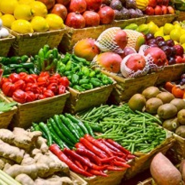 Shelves of fresh produce at a market