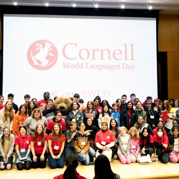 World Languages Day 2024 participants — and Touchdown — in Klarman Auditorium. The 2025 event, supported by an Engaged Opportunity Grant, will once again connect TST BOCES and Ithaca High School students with Cornell faculty, students and staff.