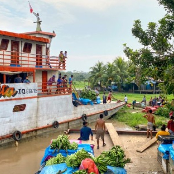 Cargo ships docked at San Juan on the Ucayali River, Peru.