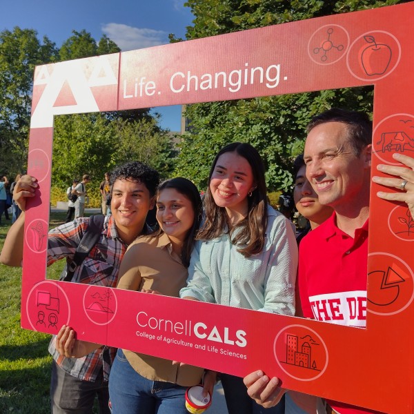 Four people stand with their faces inside a Cornell CALS themed frame.