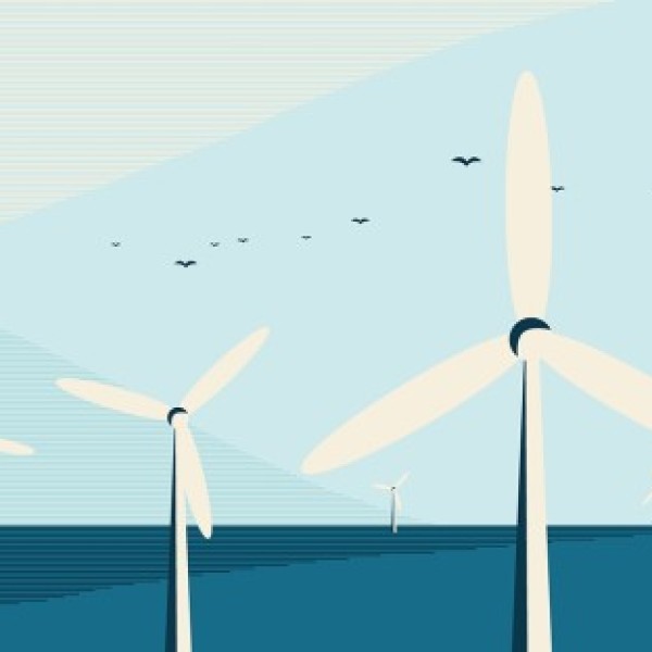 Illustration of wind turbines with birds flying around 
