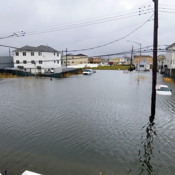 The view from Roger Gendron's front porch, in Hamilton Beach, Queens, after Winter Storm Elliot hit in December 2022. Gendron, president of the New Hamilton Beach Civic Association, has been working with New York Sea Grant for years to document the frequent flooding in his neighborhood.