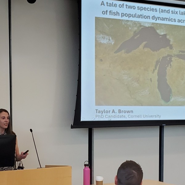 Person standing at podium giving science presentation