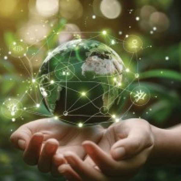 Person holding a hologram of the earth in their hands against a green background