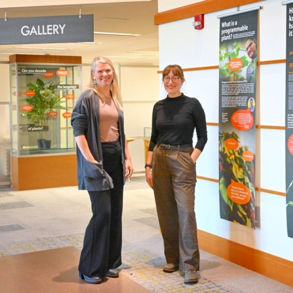 Cornell University Library’s Jenny Leijonhufvud (left), and CROPPS’s Anya Gruber at the “Hello, Human!” exhibit they co-curated at Mann Library. Jose Beduya/Cornell University Library