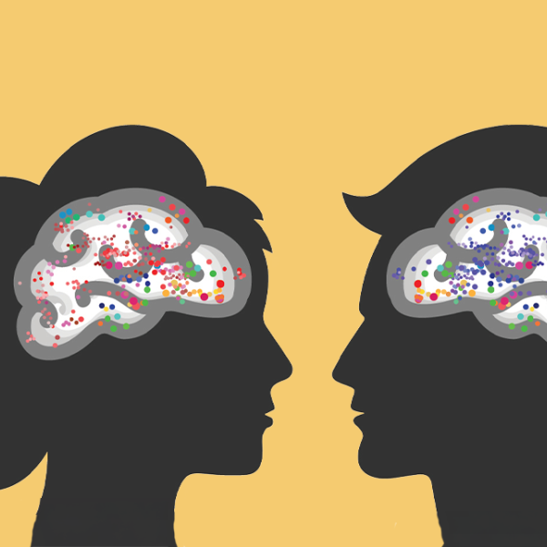 Illustration of silhouettes of two people and their brains.