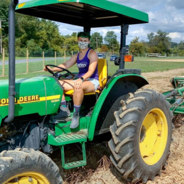 Man riding a tractor in a field