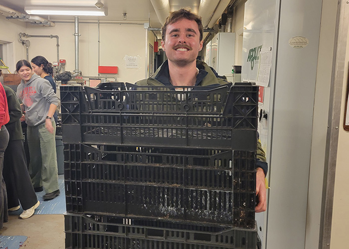 student holding crate of bulbs